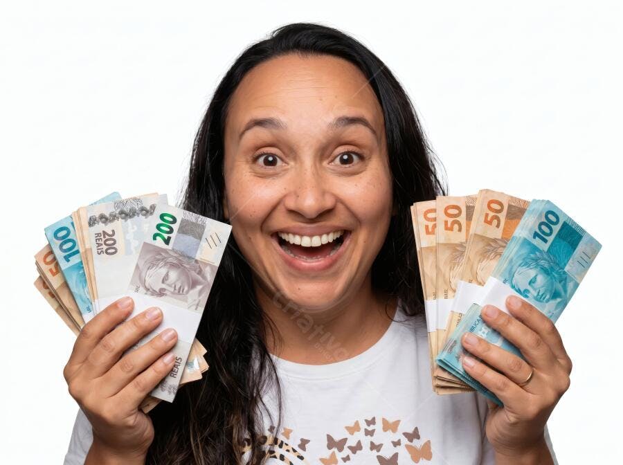 Foto Mulher Sorrindo Feliz Segurando Dinheiro Reais Brasileiros