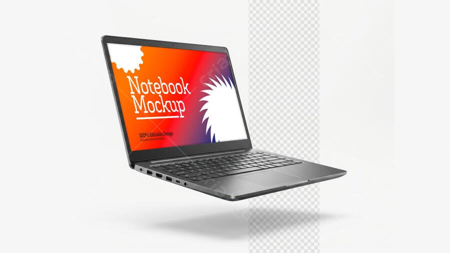 Mockup Notebook Flutuante 3/4 Fundo Branco Editável