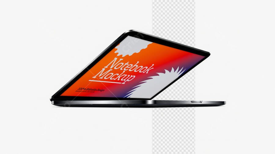 Mockup Notebook Flutuante Tela Aberta Fundo Branco Editável