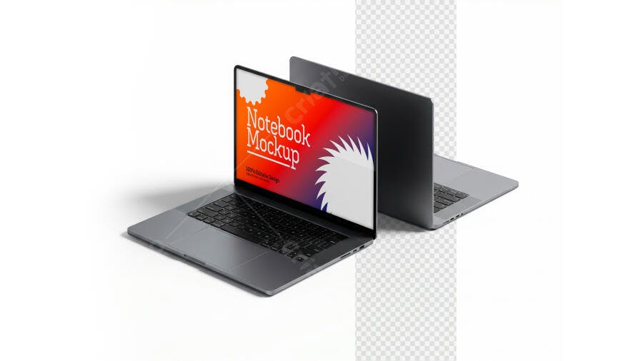 Mockup Notebook Moderno Fundo Branco Isométrico Editável