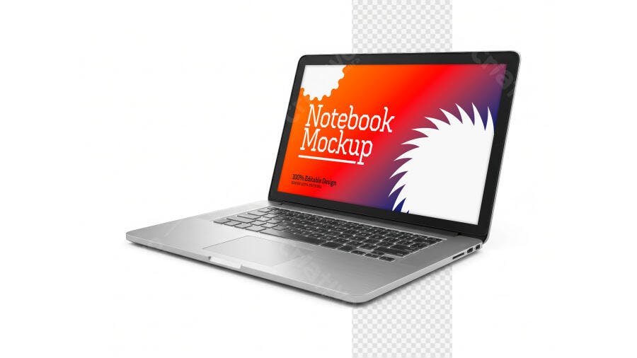 Mockup Notebook Prata Perspectiva Fundo Branco Editável