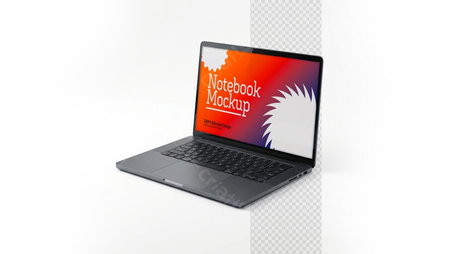 Mockup Notebook Preto 3/4 Fundo Branco Editável