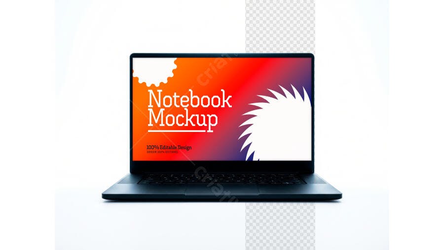 Mockup Notebook Preto Tela Frontal Fundo Branco Editável