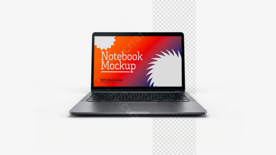 Mockup Notebook Realista Tela Aberta Fundo Branco Editável