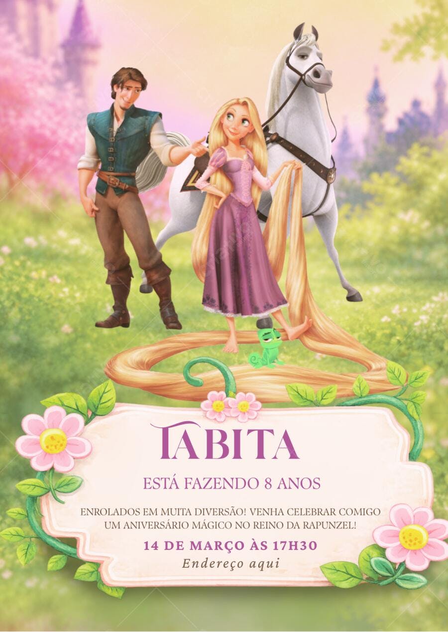 Convite de aniversário Enrolados Rapunzel editável