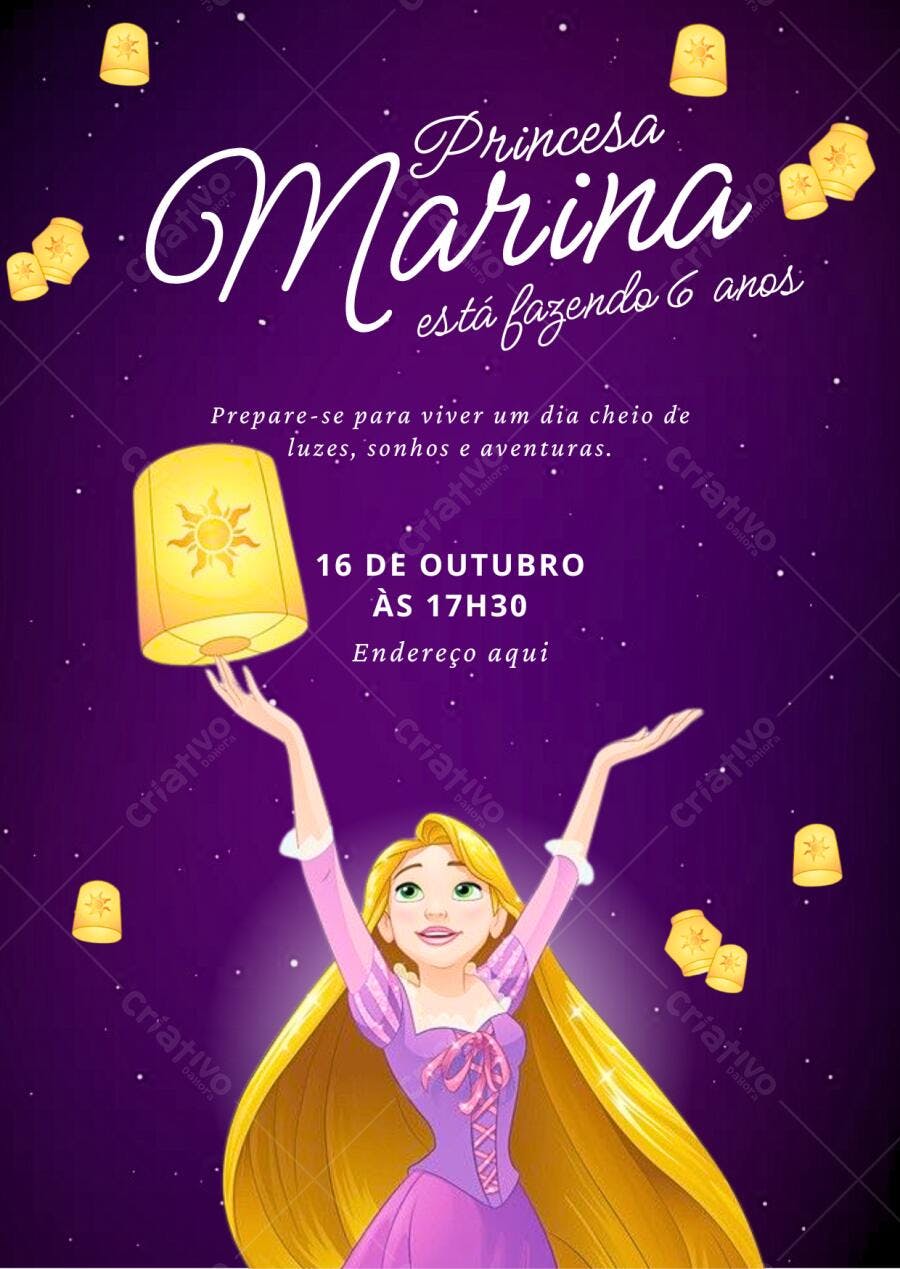 Convite Aniversário Princesa Rapunzel 6 Anos Editável