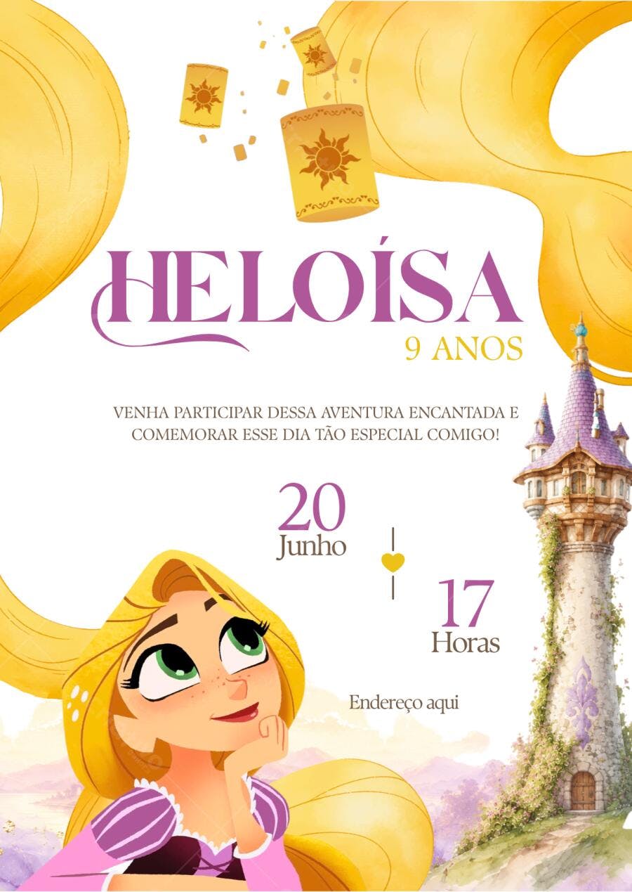 Convite Aniversário Rapunzel Enrolados 9 Anos Editável
