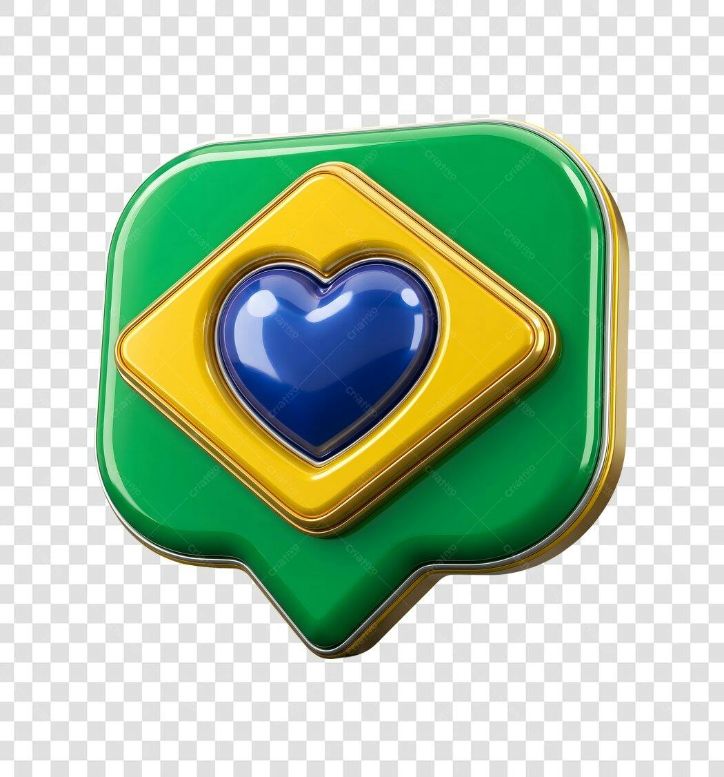 Elemento 3D Coração Bandeira Brasil PNG Fundo Transparente