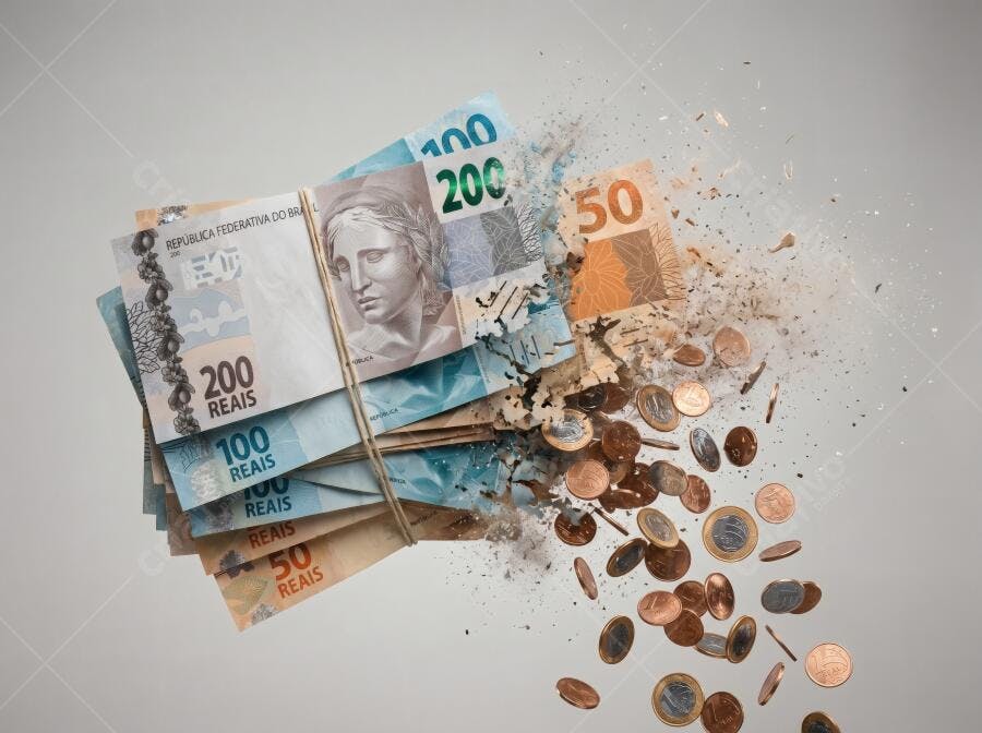 Foto Dinheiro Brasileiro Reais Desintegrando Moedas Fundo Cinza