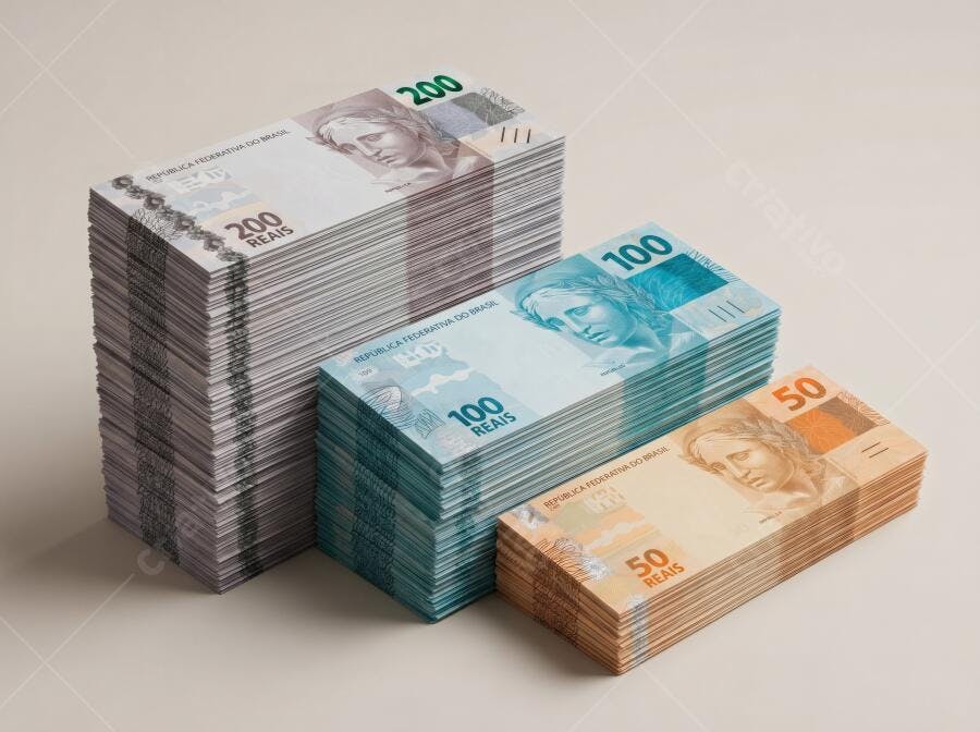 Foto Dinheiro Real Brasileiro Notas de 50 100 200 Empilhadas
