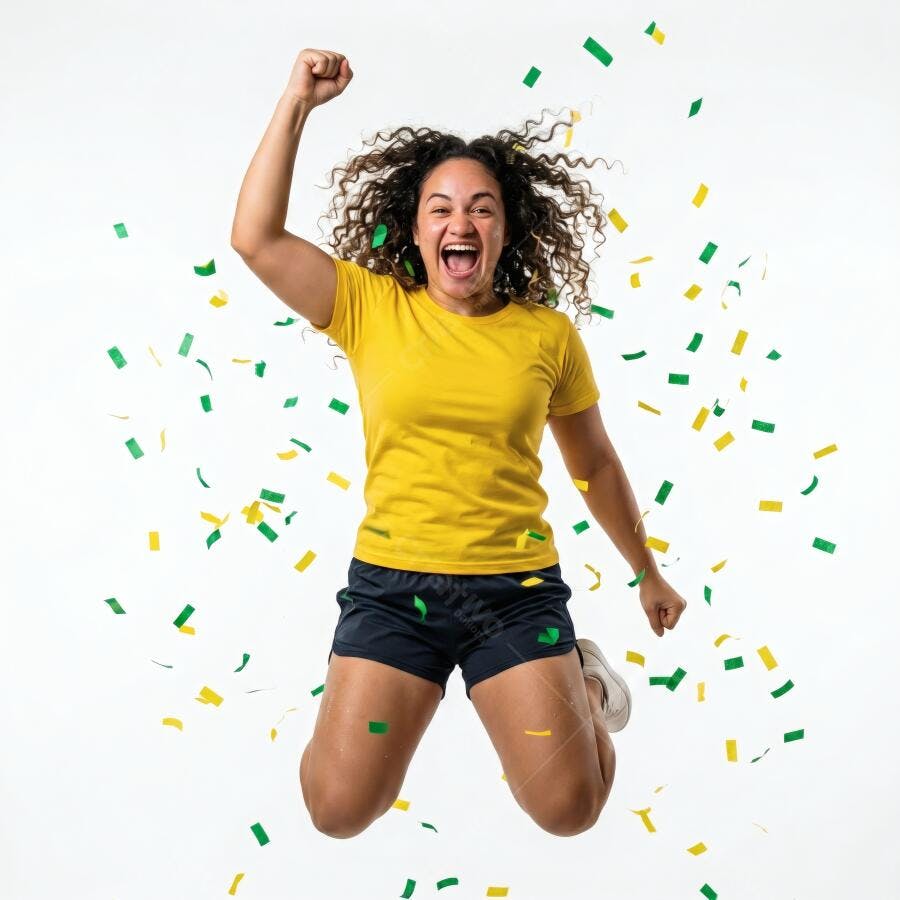 Foto Mulher Brasileira Pulando Celebrando Confetes Amarelo Verde