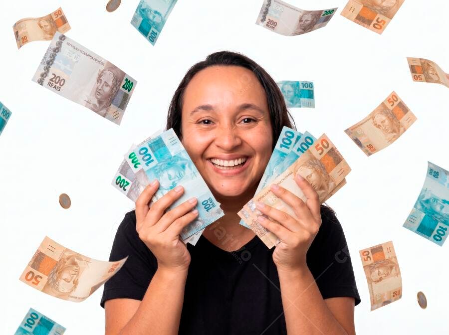 Foto Mulher Brasileira Sorrindo Segurando Dinheiro Reais Fundo Branco
