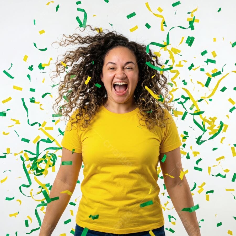 Foto Mulher Brasileira Vibrando Confetes Verdes Amarelos