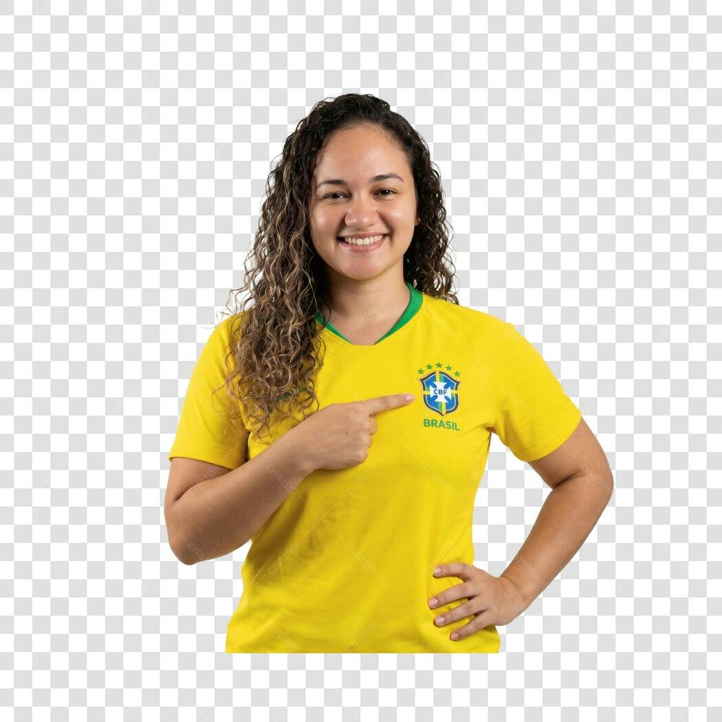 Foto Recortada Mulher Camisa Brasil Amarela PNG Fundo Transparente
