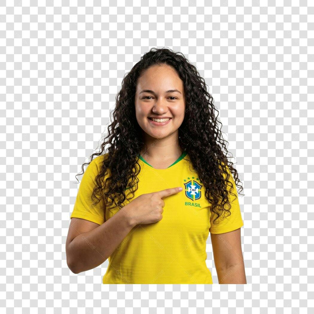 Foto Recortada Mulher Camisa Brasil Amarela PNG Fundo Transparente