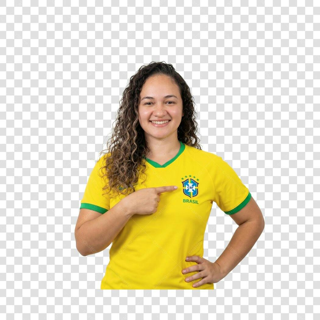 Foto Recortada Mulher Camisa Brasil Amarela PNG Fundo Transparente