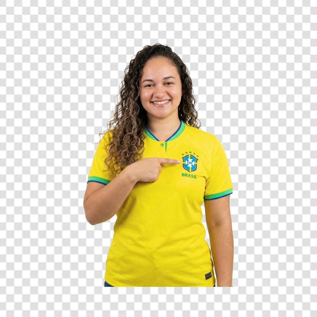 Foto Recortada Mulher Camisa Brasil Apontando PNG Fundo Transparente