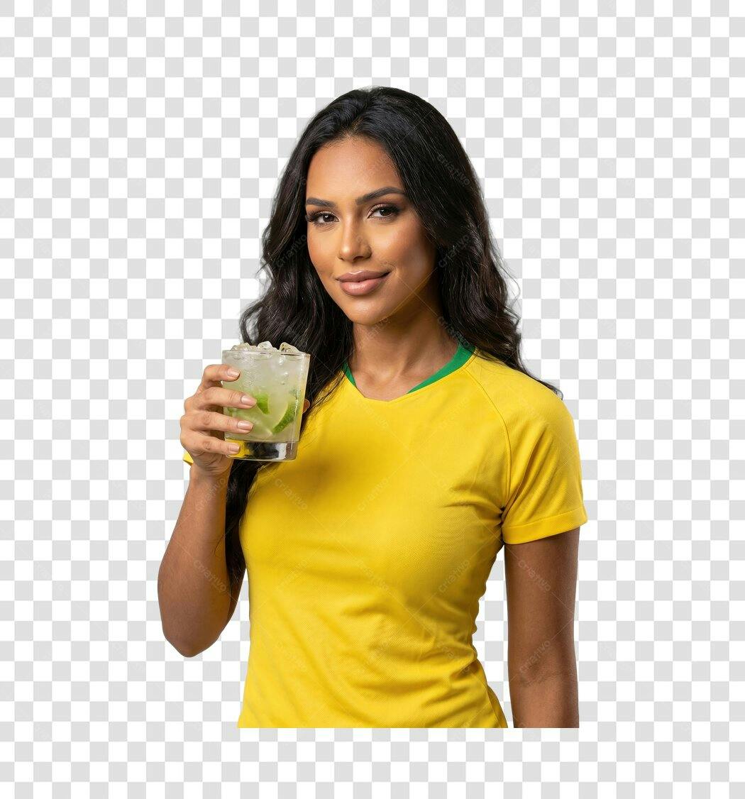 Foto Recortada Mulher Camisa Brasil Caipirinha PNG Fundo Transparente