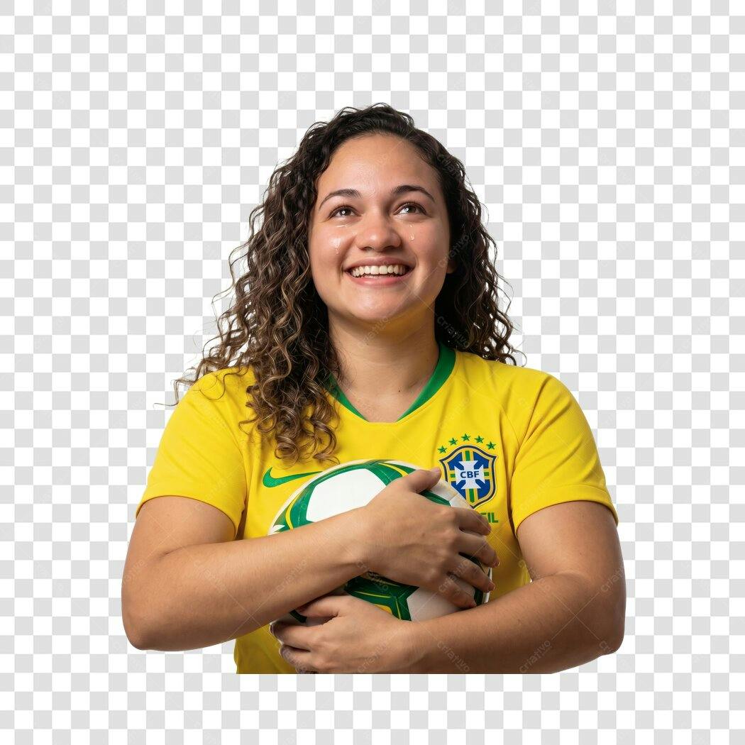 Foto Recortada Mulher Torcedora Brasil Bola PNG Fundo Transparente