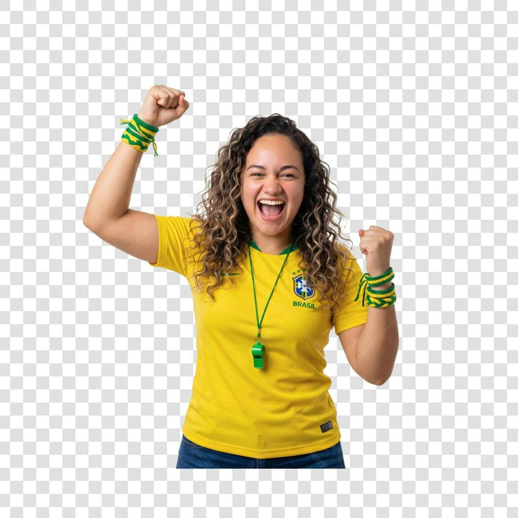 Foto Recortada Torcedora Brasil Camisa Amarela PNG Fundo Transparente