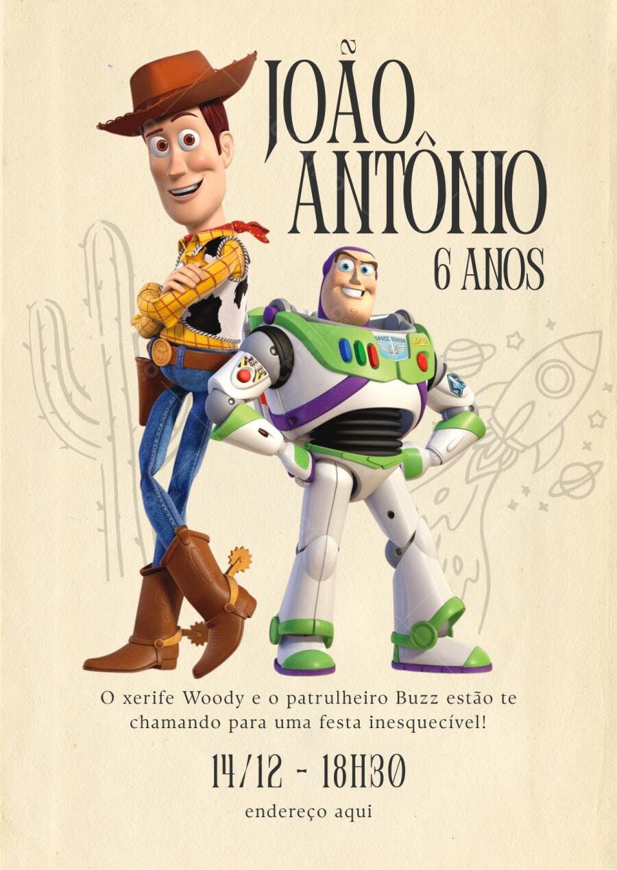 Convite de aniversário Toy Story Woody e Buzz editável