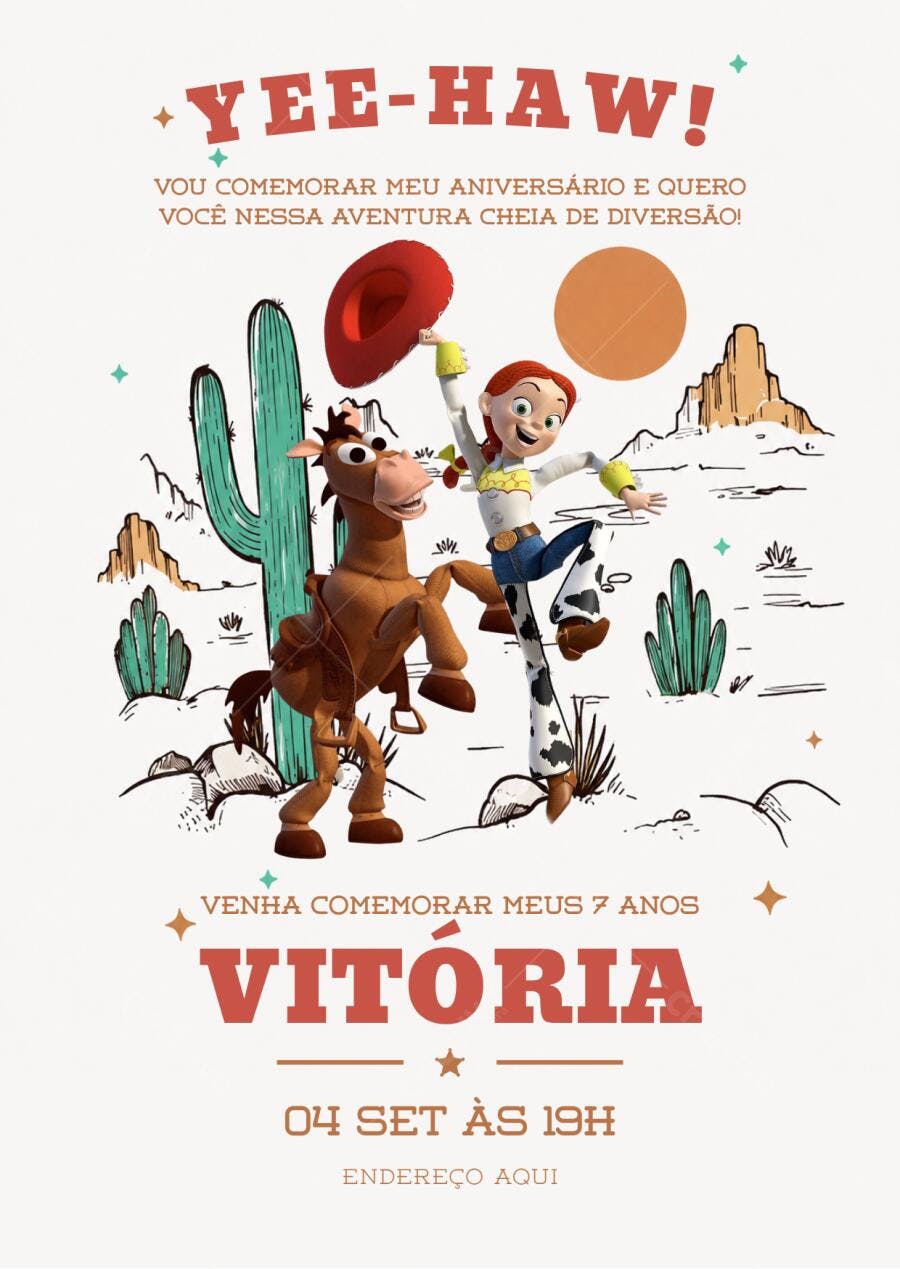 Convite de Aniversário Toy Story Jessy e Bala no Alvo