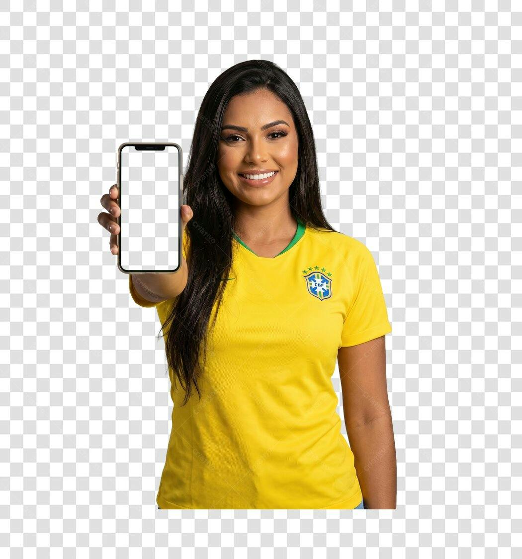 Foto Recortada Mulher Camisa Brasil Celular PNG Fundo Transparente