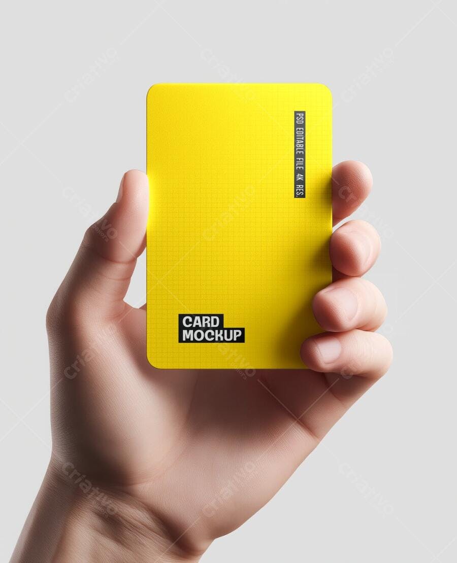 Mockup Cartão Amarelo Mãos Segurando Fundo Branco Editável