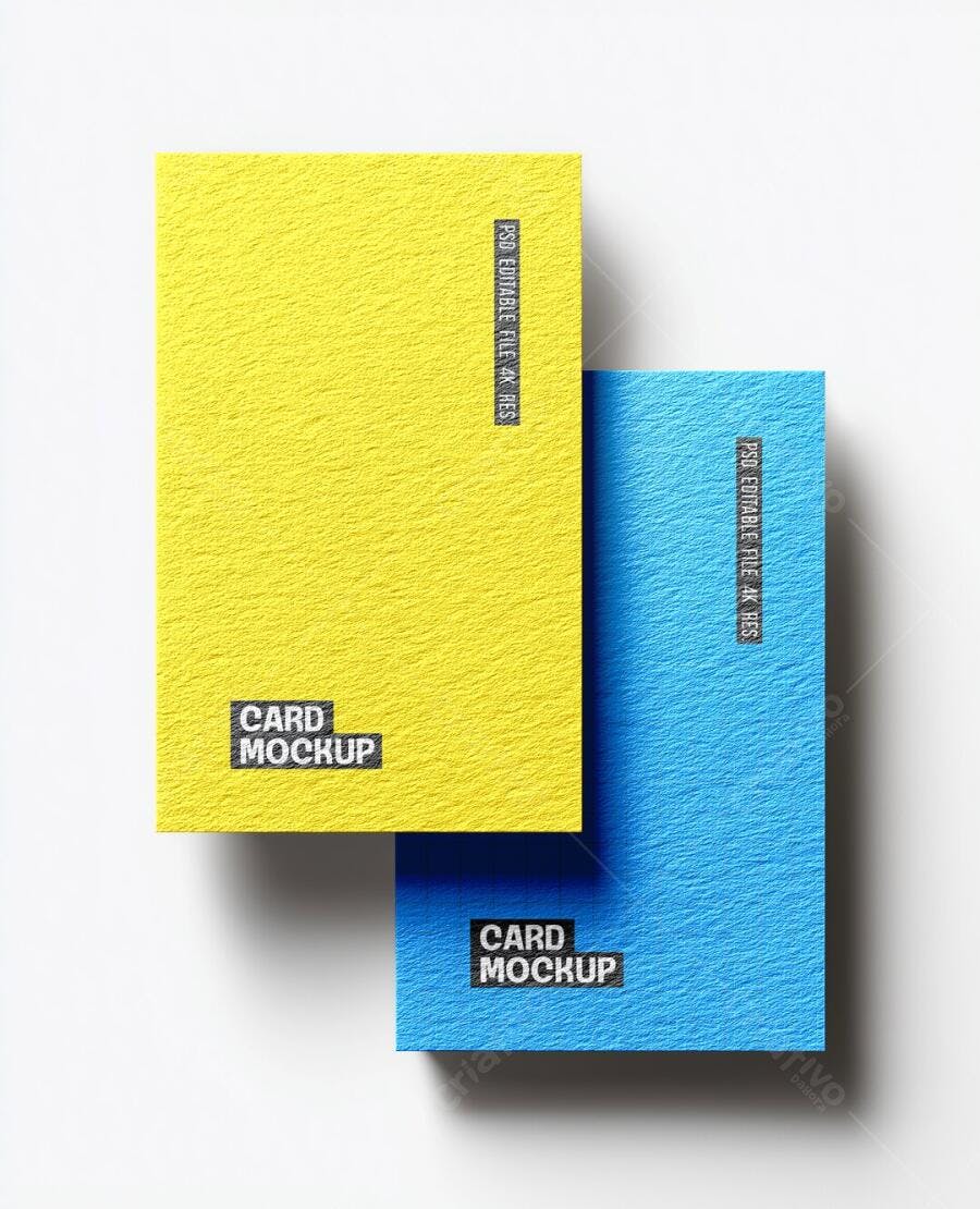 Mockup Cartão Texturizado Amarelo Azul Fundo Branco Editável