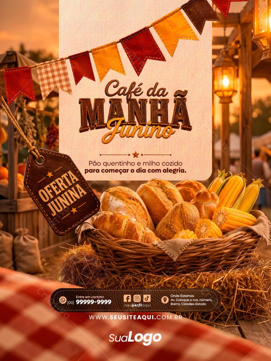Post Instagram Café da Manhã Junino Padaria PSD Editável