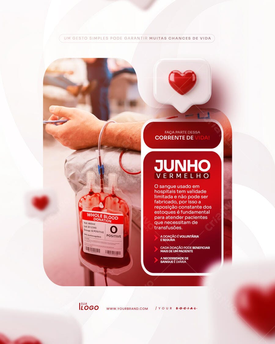 Post Instagram Junho Vermelho Doação Sangue PSD Editável