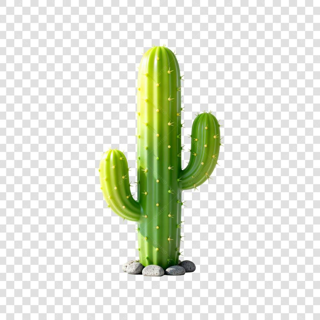 Elemento 3D Cacto Verde com Pedras PNG Fundo Transparente