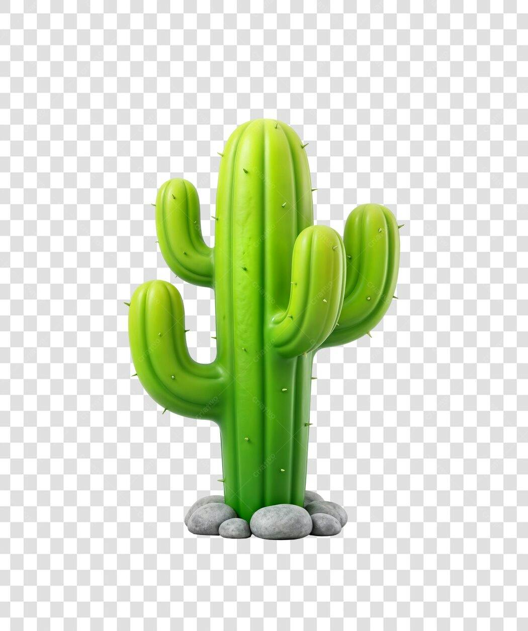 Elemento 3D Cacto Verde com Pedras PNG Fundo Transparente