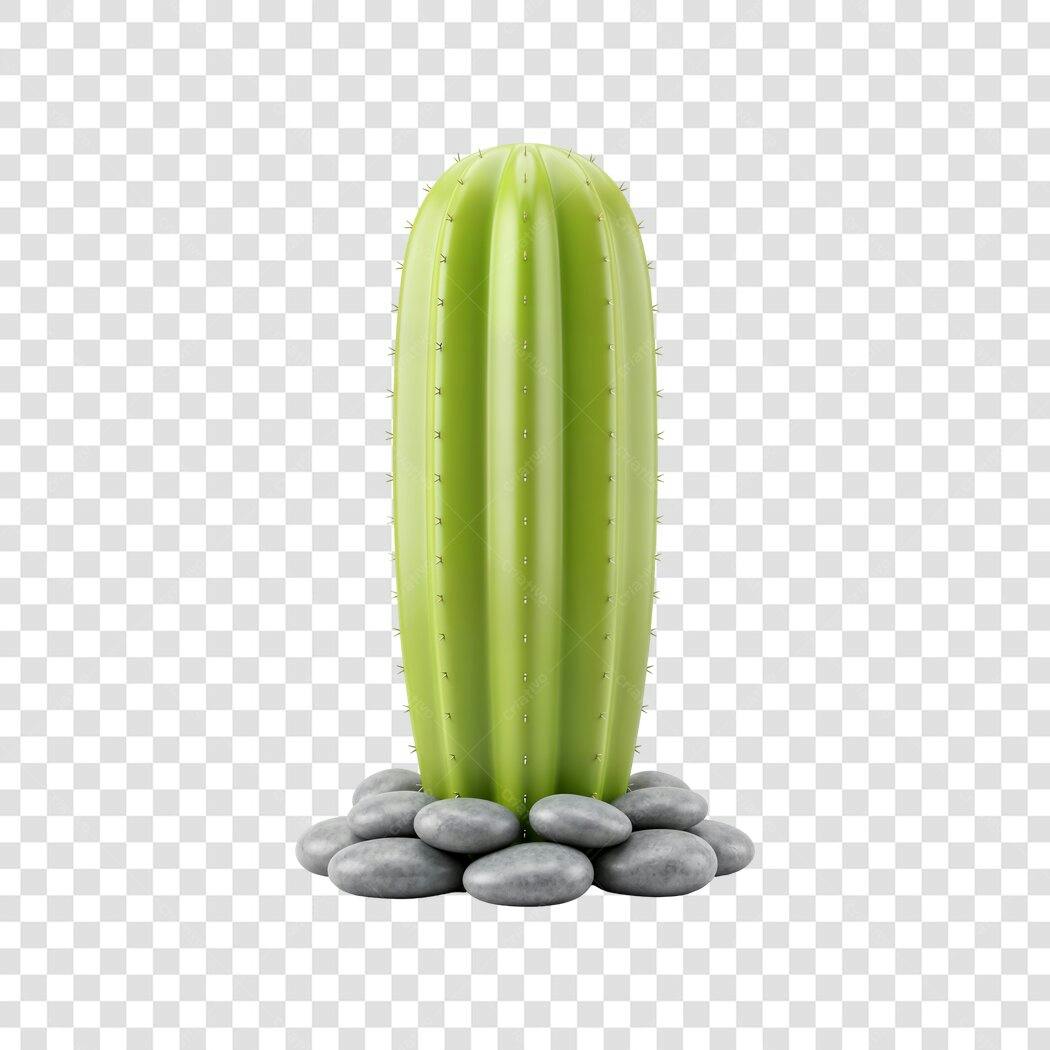Elemento 3D Cacto Verde Pedras Decorativas PNG Fundo Transparente