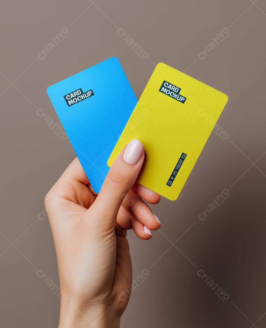 Mockup Cartão Plástico Mãos Segurando Fundo Marrom Editável