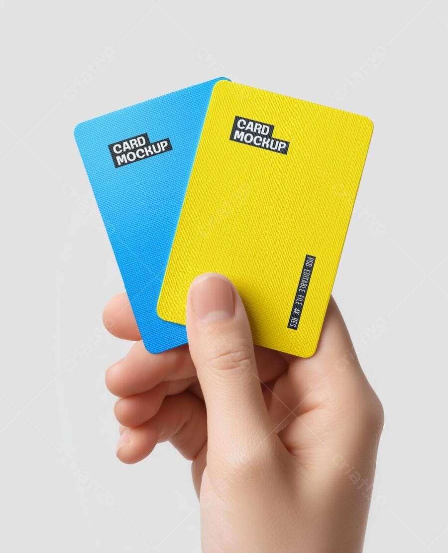 Mockup Cartão PVC Mãos Segurando Fundo Branco Editável