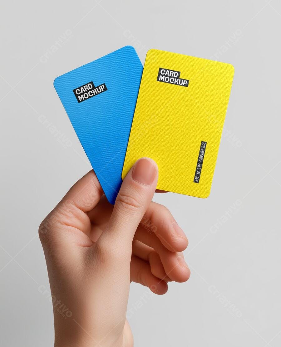 Mockup Cartão Vertical Mãos Segurando Fundo Branco Editável