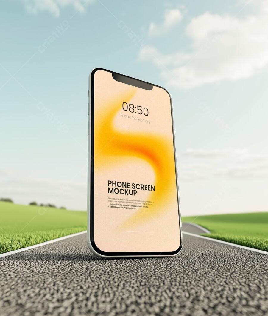 Mockup Celular Smartphone na Estrada Cenário Externo Editável