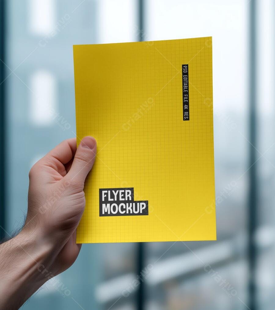 Mockup Flyer Amarelo Mão Segurando Fundo Desfocado Editável
