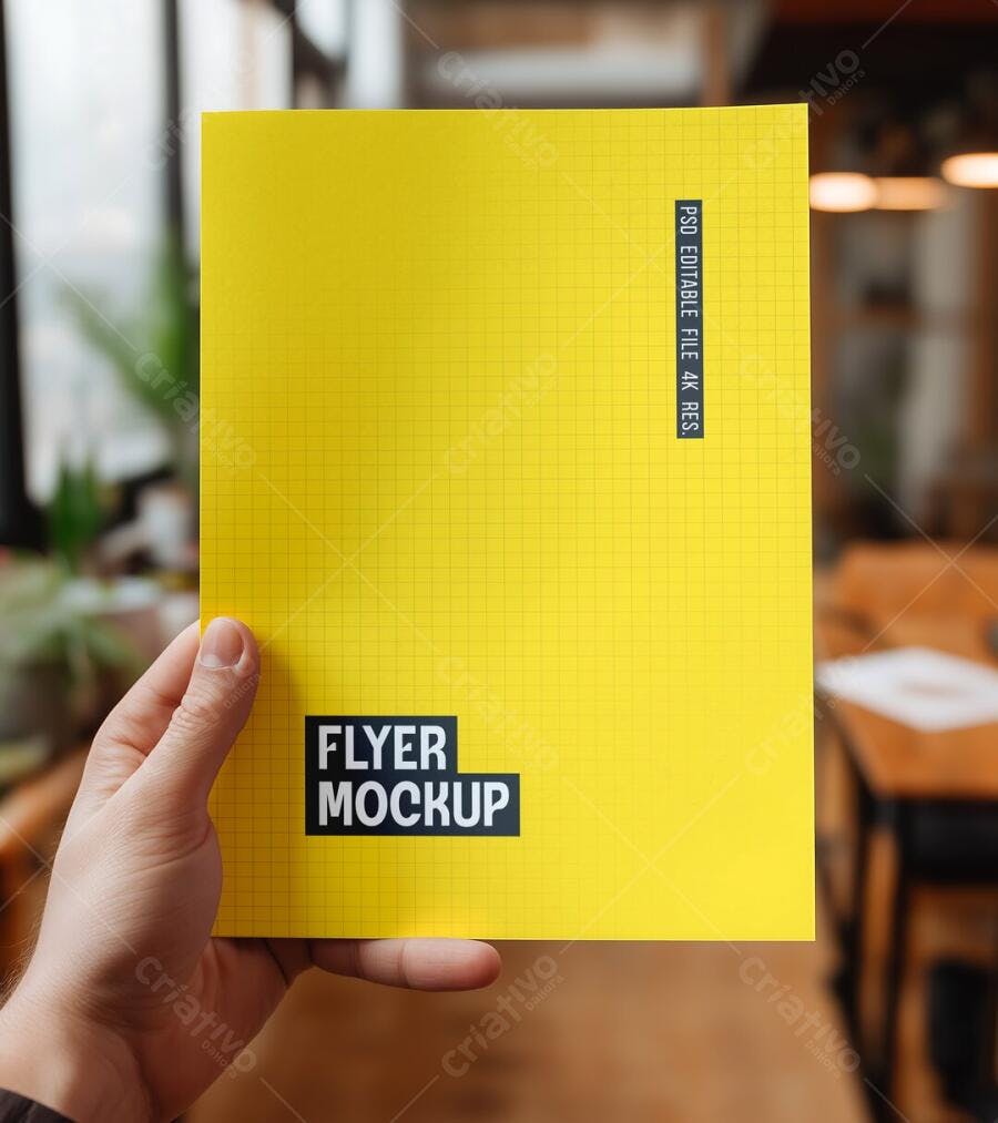 Mockup Flyer Amarelo Mãos Segurando Fundo Desfocado Editável