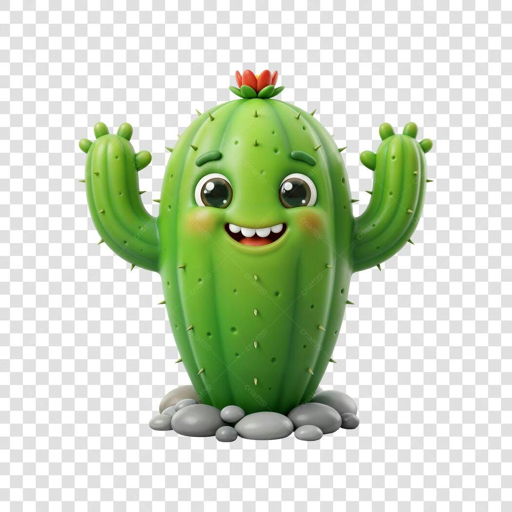 Personagem 3D Cacto Feliz Verde PNG Fundo Transparente