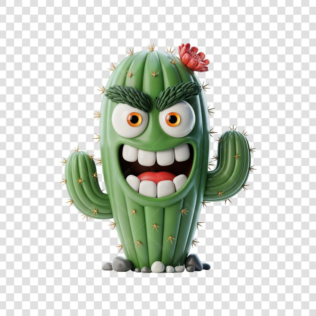Personagem Ilustrado Cacto Bravo Engraçado 3D PNG Fundo Transparente