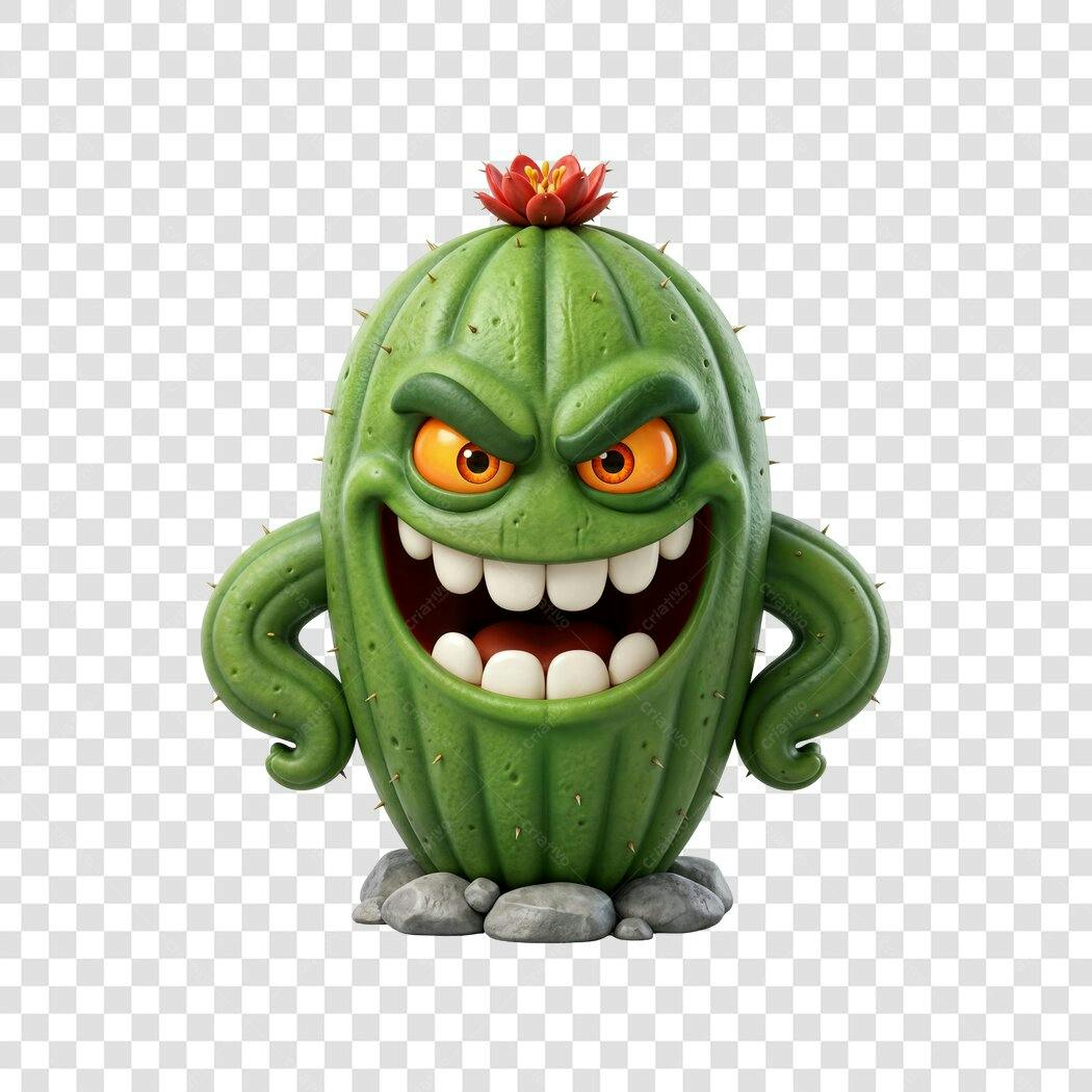 Personagem Ilustrado Cacto Malvado 3D PNG Fundo Transparente