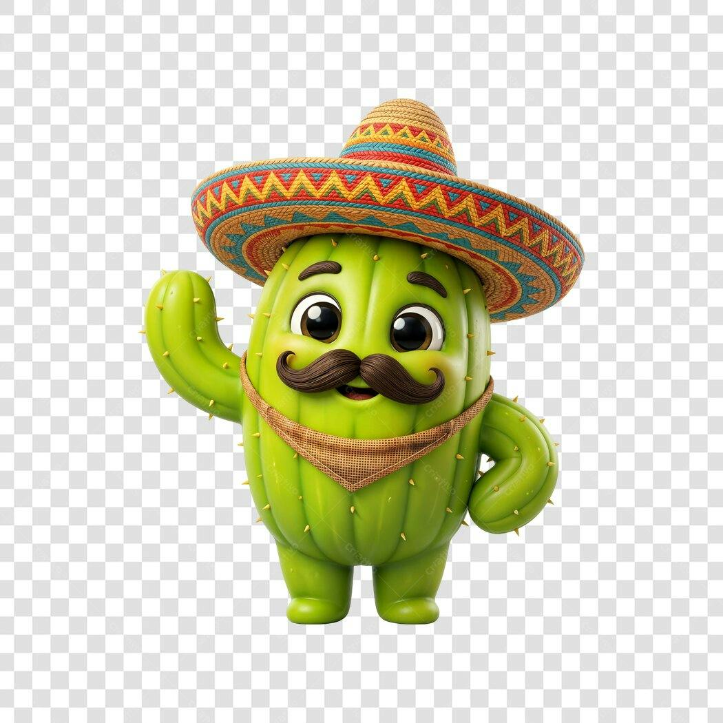Personagem Ilustrado Cacto Mexicano Sombrero Bigode PNG Fundo Transparente