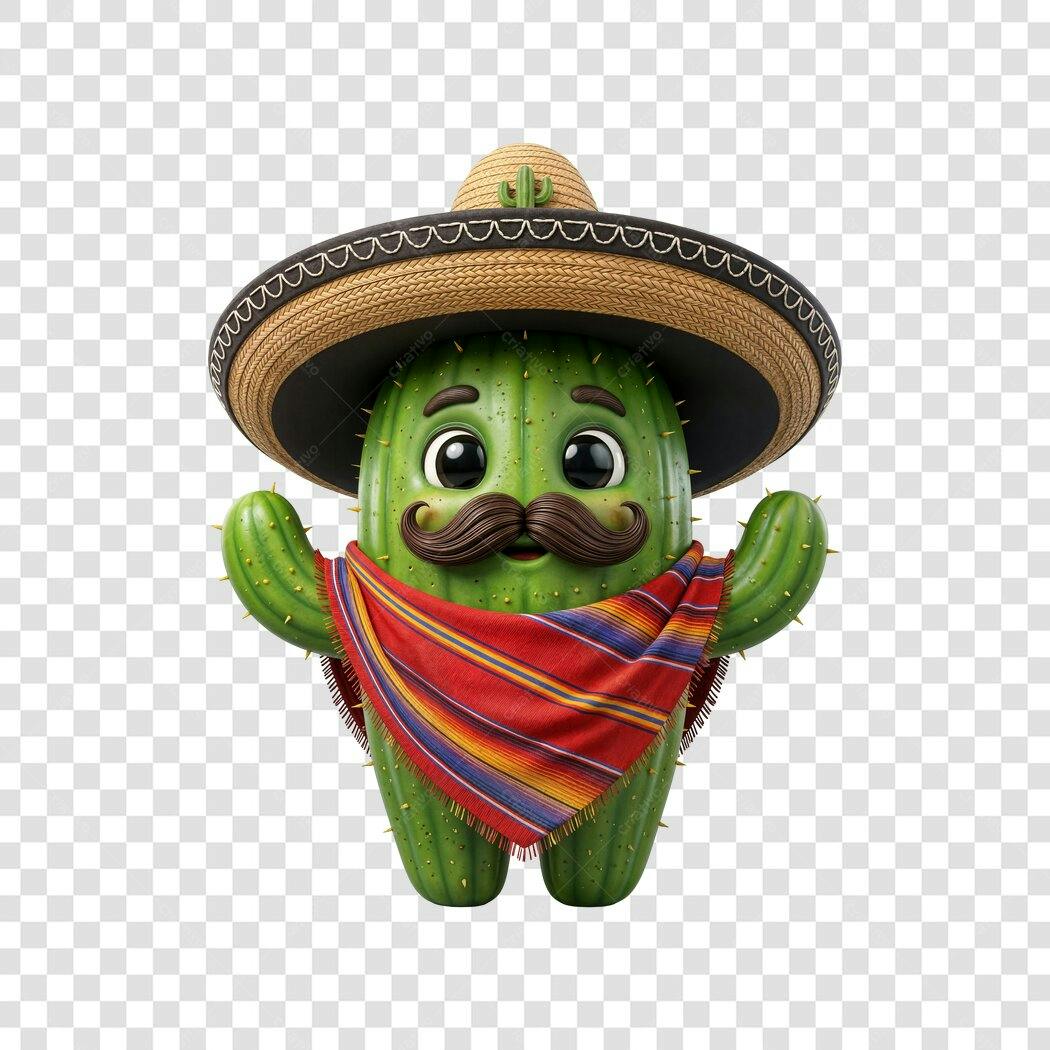 Personagem Ilustrado Cacto Mexicano Sombrero PNG Fundo Transparente