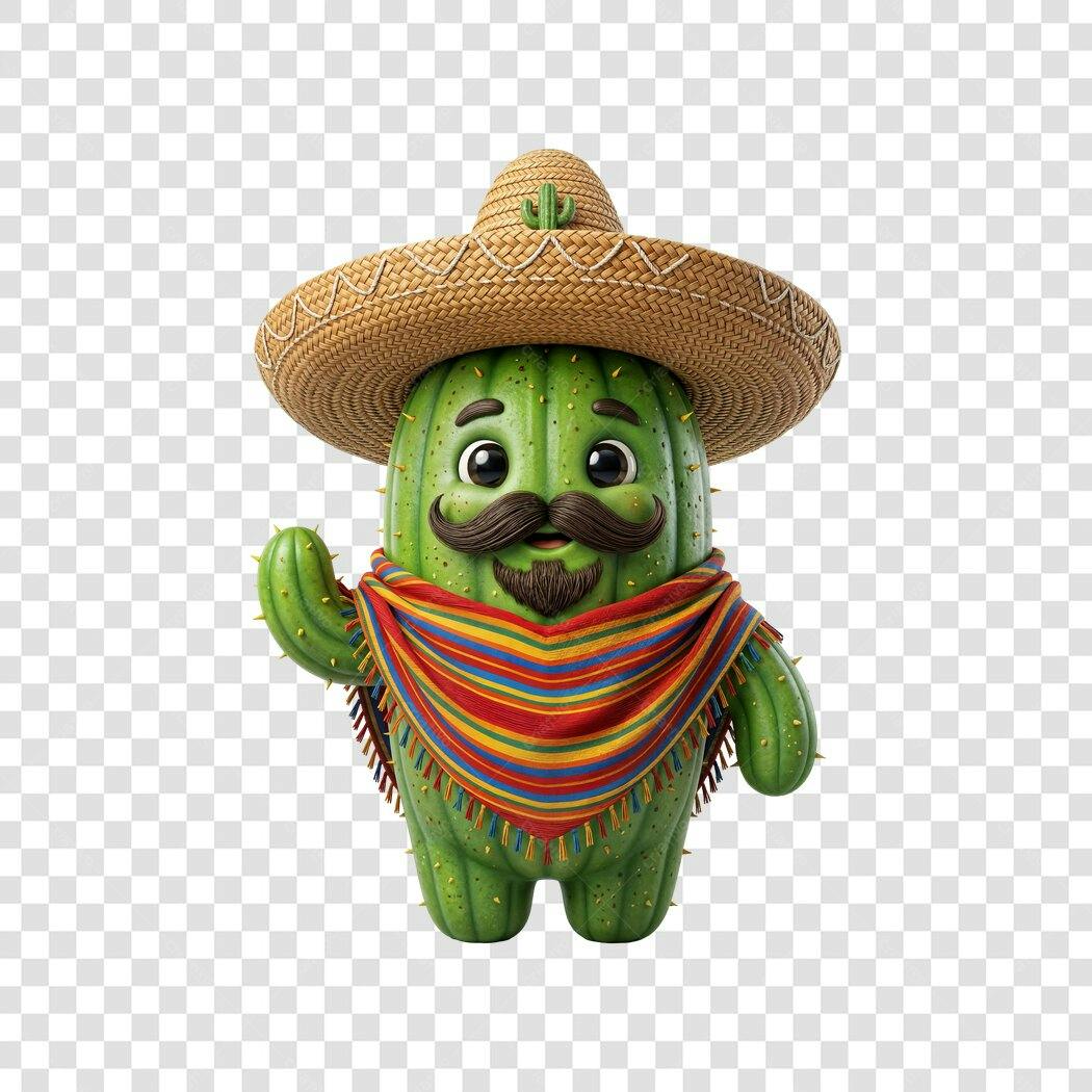 Personagem Ilustrado Cacto Mexicano Sombrero PNG Fundo Transparente