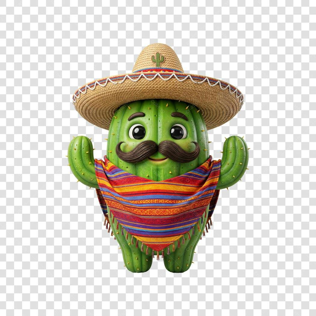 Personagem Ilustrado Cacto Mexicano Sombrero PNG Fundo Transparente