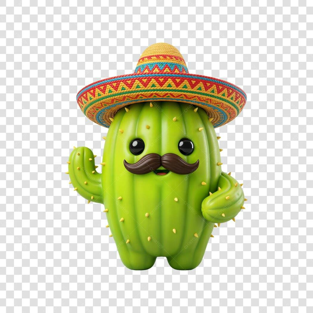Personagem Ilustrado Cacto Mexicano Sombrero PNG Fundo Transparente