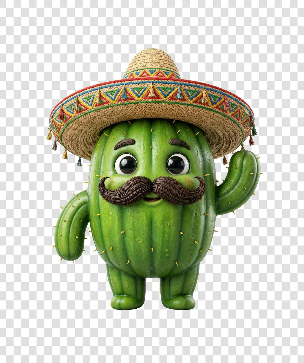 Personagem Ilustrado Cacto Sombrero Bigode PNG Fundo Transparente