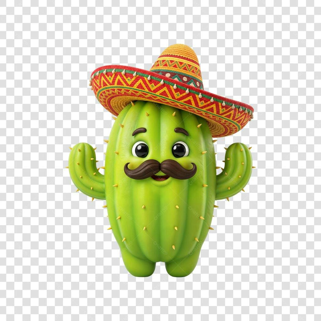 Personagem Ilustrado Cacto Sombrero Bigode PNG Fundo Transparente